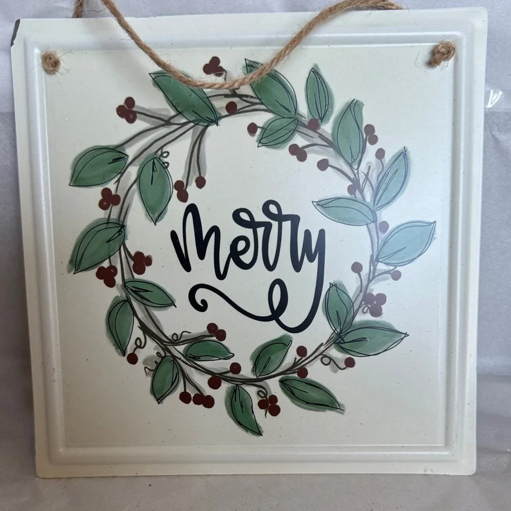 Merry Wreath Wall Hanging - Green and Red Holiday Sign